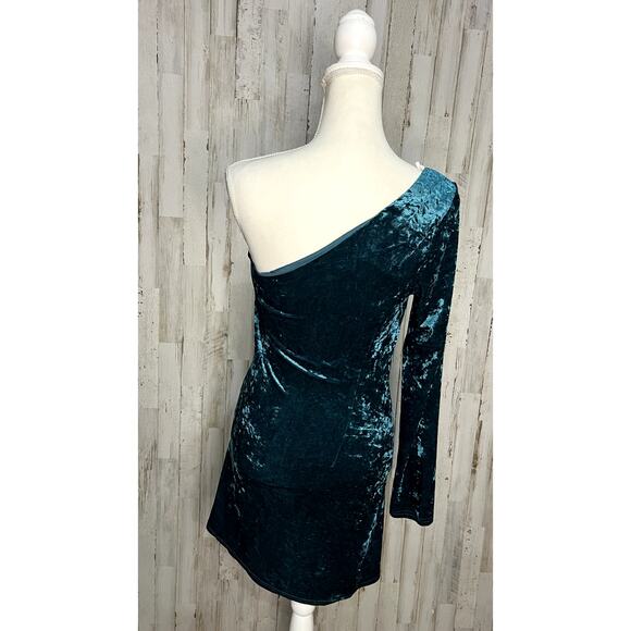 Lulus Women's One-Shoulder‎ Mini Dress Teal Crushed Velvet Size Medium - Picture 8 of 10